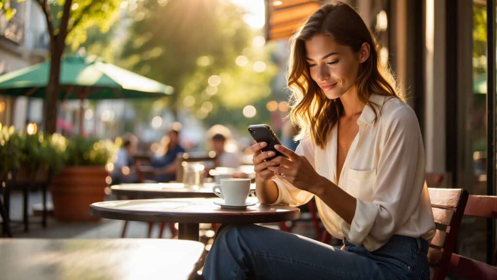 non-desperate texting phrases woman in café texting confidently