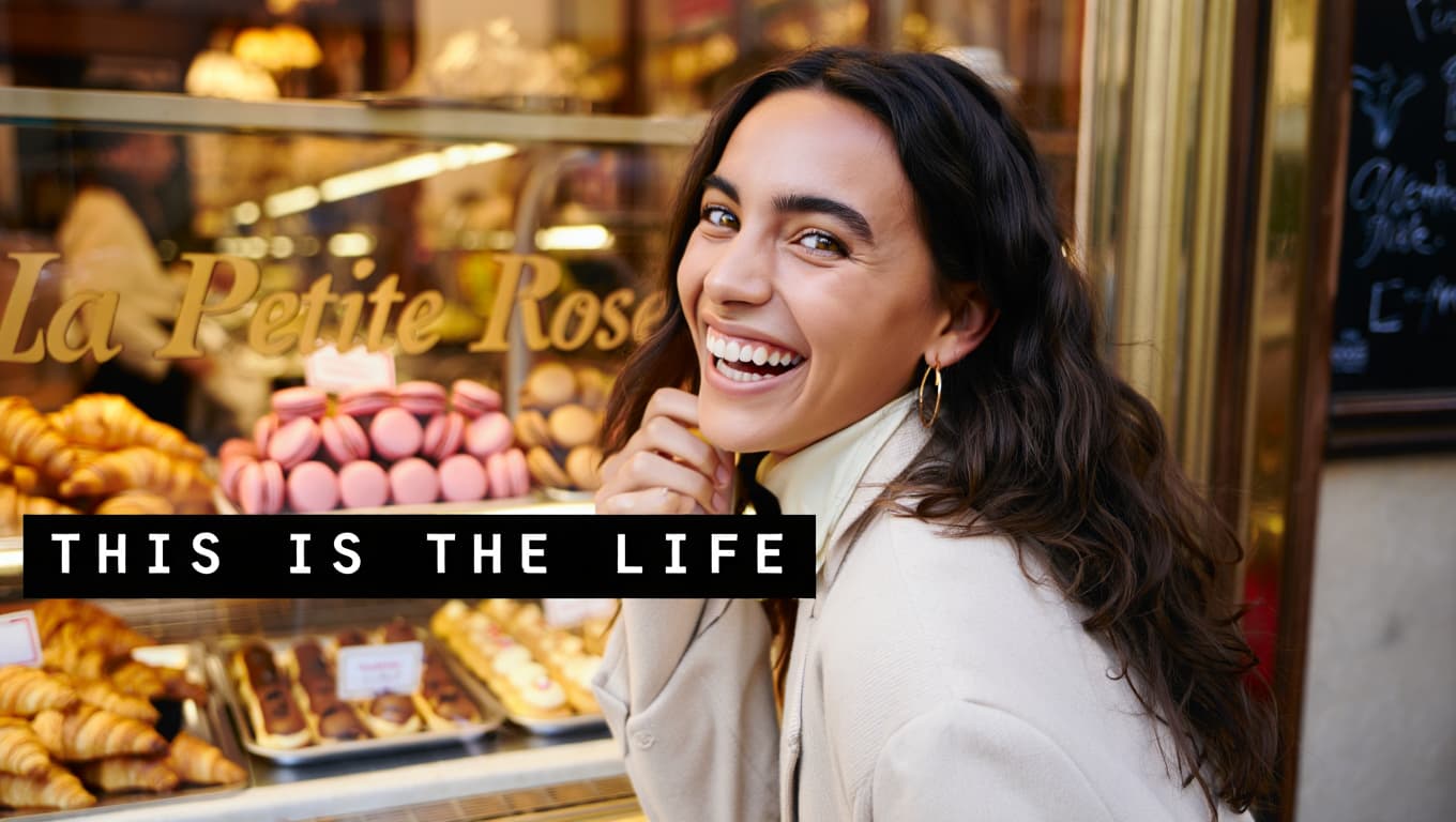 A beautiful confident woman laughing genuinely, warm golden light, soft bokeh background, outdoor or cozy café setting, warm rose and amber tones, bold black text box overlay in lower third reading
