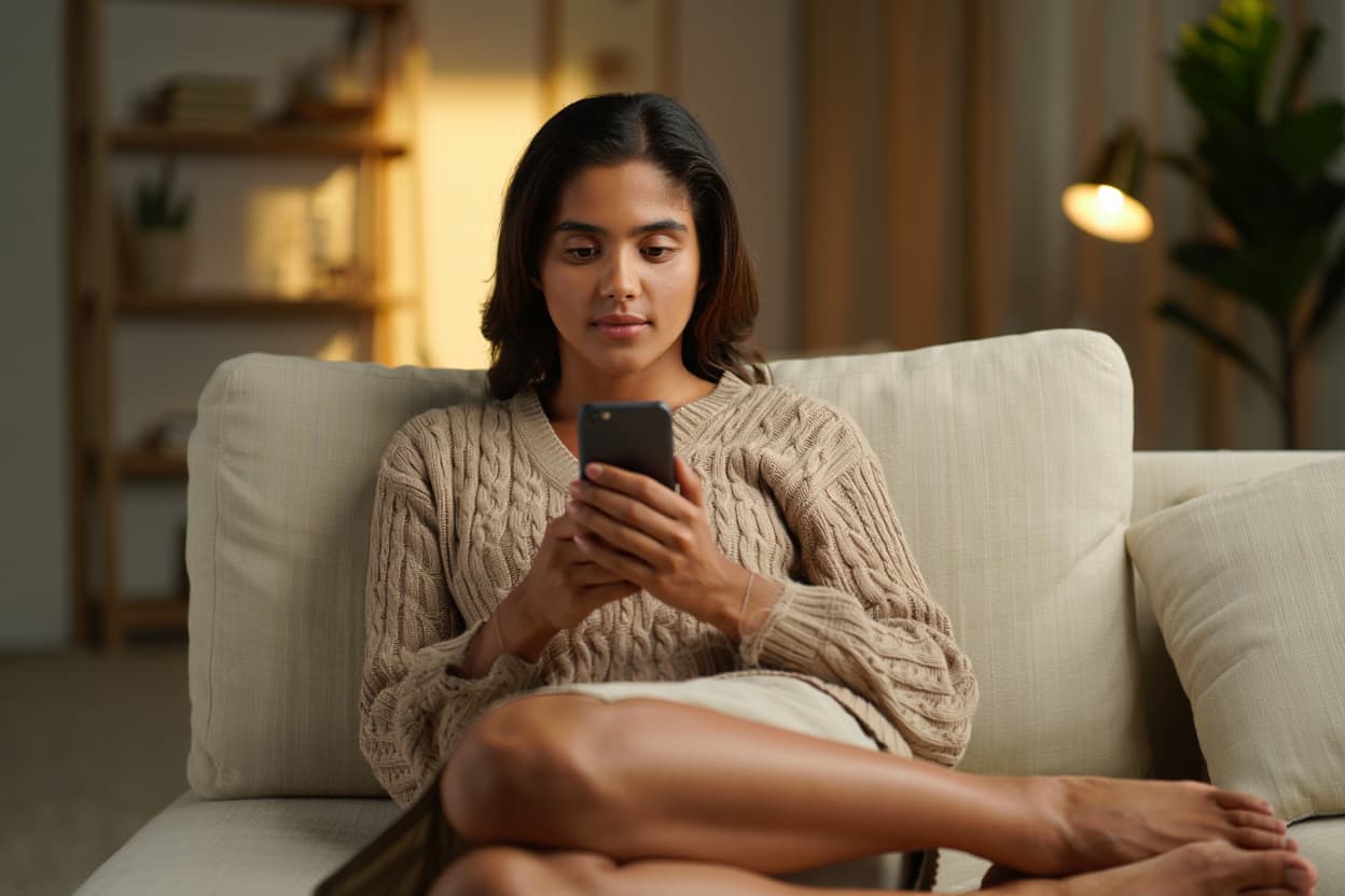 what to text him when he pulls away - woman looking at phone calmly