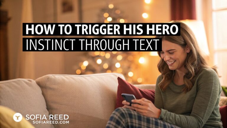 how to trigger his hero instinct through text woman smiling at her phone