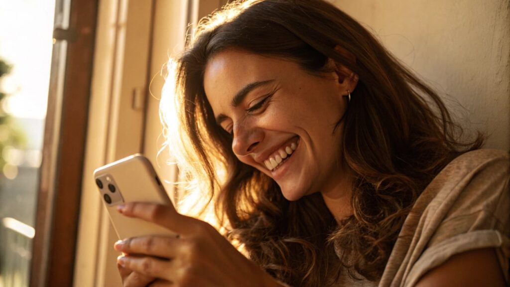woman smiling to herself happy, signs he likes you