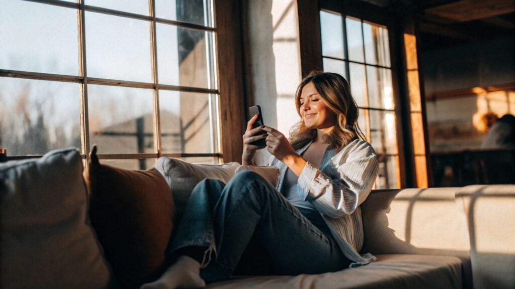 how to text a guy who is pulling away. A beautiful woman looking at the screen with a slight smile